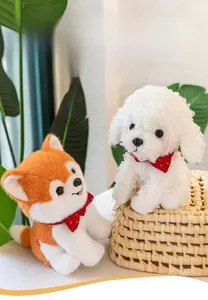 Cute plush puppy set with Shiba Inu and Teddy styles wearing red polka dot bowties