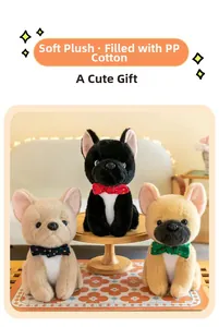 Detail of cute plush bulldogs with soft fur, PP cotton filling and colorful bow ties