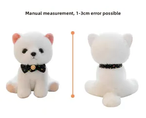Front and back view of white plush puppy with polka dot bowtie and size reference