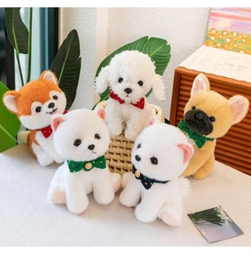 Detailed view of five plush dog toys with colorful bow ties on a wooden table