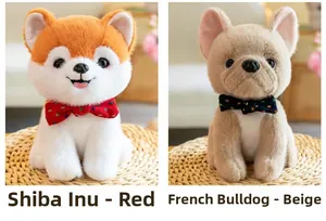 Detail of plush Shiba Inu and French Bulldog toys with decorative bows on woven mats