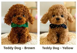 Close-up of curly plush teddy dog dolls in brown and yellow with cute polka dot bowties