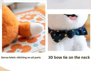 Detail showing the finely stitched fabrics and 3D bowtie on the plush puppy toy