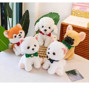 Five assorted cute plush puppy dog dolls with colorful bow ties in a home setting