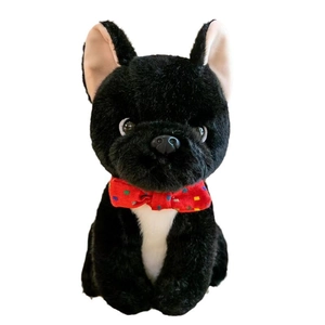 Cute black and white French Bulldog plush toy with a colorful polka dot red bow tie
