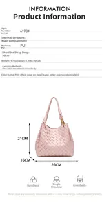 Detailed size chart showing dimensions for a lotus pink woven PU leather bucket bag