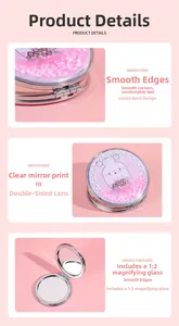 Detail view of pink quicksand makeup mirror with a cute cartoon cat and smooth edges