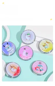 Detail of portable folding mirrors with quicksand glitter and cute animal illustrations