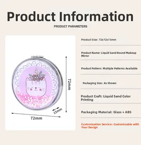 Detailed specs of the pink quicksand compact mirror with cat print, 72x72x15mm size