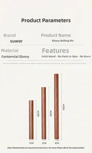 Detailed size chart showing solid ebony wood rolling pins in 30cm, 40cm, and 50cm lengths