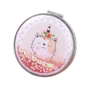 Portable folding makeup mirror with pink star quicksand and cartoon cat design