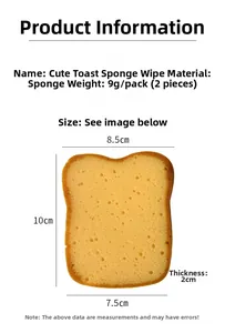 Detailed size chart for toast-shaped kitchen sponge with dimensions and porous texture