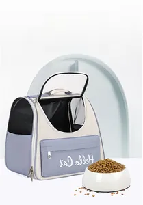 Detail of breathable pet backpack showing mesh side and Hello Cat zipper pocket