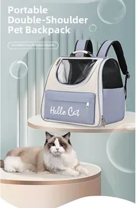 Close-up of a breathable purple pet backpack with a transparent window and cat detail