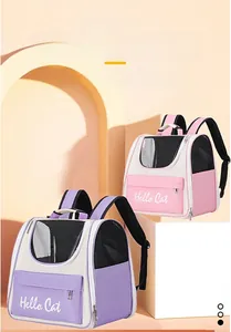 Detailed view of breathable pet carrier backpacks with mesh design and Hello Cat logo