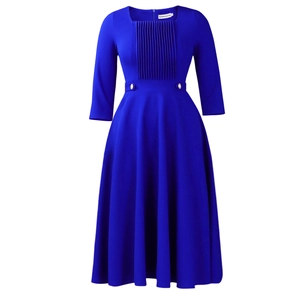 Detail of square neckline with vertical pleats and buttons on royal blue dress