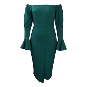 Detail of off-shoulder neckline and bell sleeves on a dark green bodycon midi dress