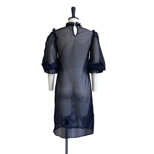 Detail view of black mesh dress featuring bubble sleeves and a high neck rear closure