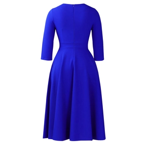 Rear view of royal blue A-line dress featuring a high waist and back invisible zipper