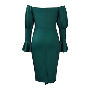 Detail view of the back zipper and flared ruffle sleeves on a dark green bodycon dress