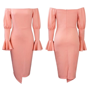 Pink off-shoulder dress with flare sleeves and asymmetric hem detail back and front view
