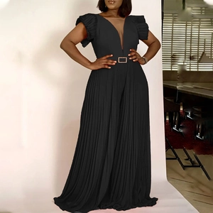 Elegant black deep V-neck pleated jumpsuit with ruffled sleeves and gold buckle belt