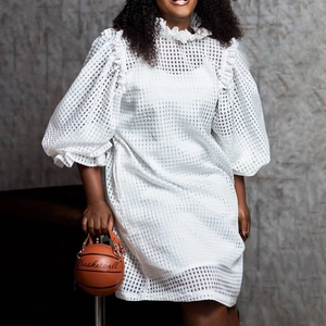 Women Mesh Hollow Out Dress And Inner Slip Elegant Ruffle High Neck Puff Sleeve Midi Dress Casual Solid Party Dress