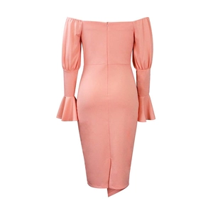 Detail view of coral off-shoulder dress back with invisible zipper and slit hemline
