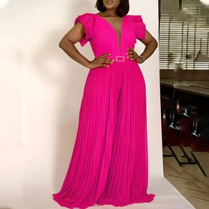 Fuchsia pleated maxi dress with V-neck, sheer mesh panel and matching buckled waist belt