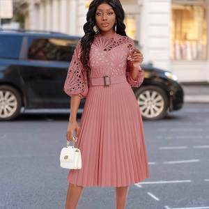 Women Elegant Lace Patchwork Hollow Out Pleated Midi Dress Half High Neck Lantern Sleeve With Belt Sexy Urban Party Dress
