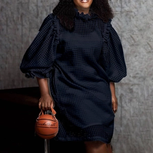 Elegant black puff sleeve midi dress with plaid texture and chic ruffled high neck collar
