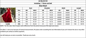 Detailed size chart for V-neck ruffled maxi dress with belt measurements and product info