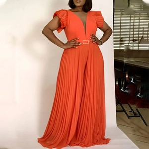 Women Sexy Pleated Deep V-Neck Jumpsuit Elegance Ruffle Short Sleeve Wide Leg Jumpsuit With Metal Buckle Belt Party Romper