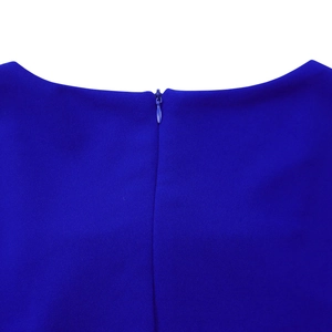 Detail view of royal blue dress with square neck design and hidden back zipper