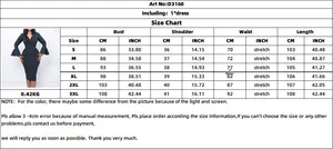 Size chart for V-neck trumpet sleeve dress showing S to 3XL dimensions in CM and inches