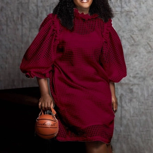 Elegant wine red hollow lattice dress with puff sleeves and ruffled high neck collar