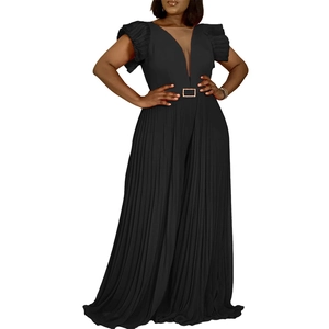 Sleeveless pleated black jumpsuit with a deep V-neck and a golden buckle waist belt