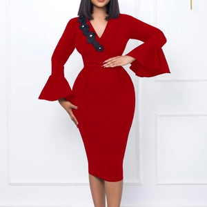 Elegant red V-neck fitted dress with flared sleeves and black floral embroidery details