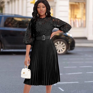 Elegant black lace hollow out pleated maxi dress with lantern sleeves and waist belt