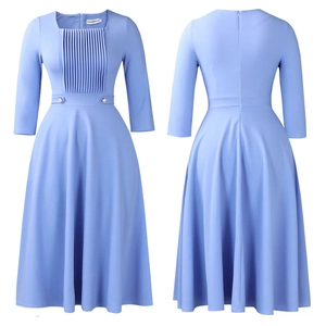 Detailed view of the square neckline with fine vertical pleats on a light blue midi dress