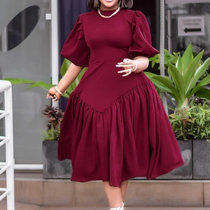 Abito Midi Elegante da Donna con Maniche a Sbuffo Pieghettato Vita Alta Girocollo Tinta Unita Poliestere Moda Casual Festa