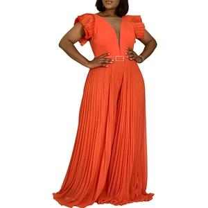 Orange deep V-neck pleated jumpsuit with ruffle shoulders and a gold buckle belt
