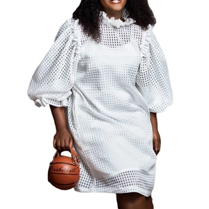 Detailed view of white mesh dress with ruffled high neck and voluminous lantern sleeves