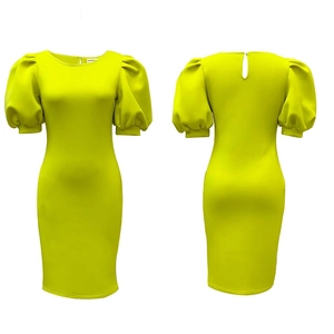 Vue avant et arrière de la robe midi bodycon vert fluo avec manches bouffantes