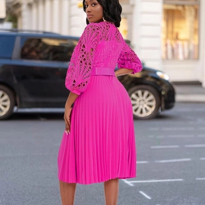 Elegant magenta lace patchwork pleated dress with belt and镂空 hollow detailing