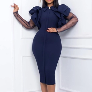 Elegant navy blue bodycon dress with ruffled shoulders and black mesh polka dot sleeves