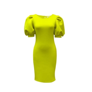 Détail des manches bouffantes jaune vif et du col rond sur une robe moulante sexy