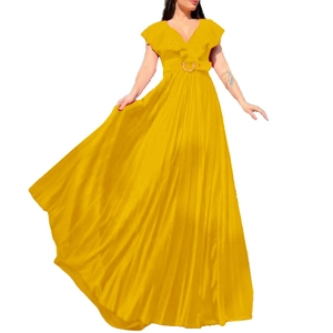 Bright yellow V-neck pleated maxi dress with ruffle sleeves and matching belted waist