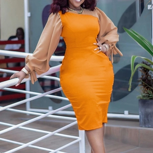 Elegant orange slim-fit dress with khaki lantern sleeves and one-shoulder neckline