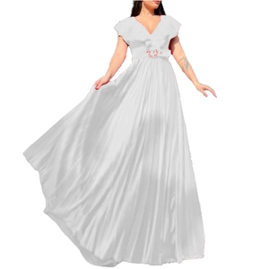 Elegant white V-neck pleated maxi dress with ruffle sleeves and matching waist belt